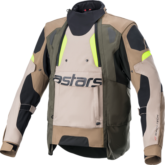 Alpinestars Halo Drystar® motorcycle jacket in black, sand, and yellow, XL size, with protective features and reflective details.