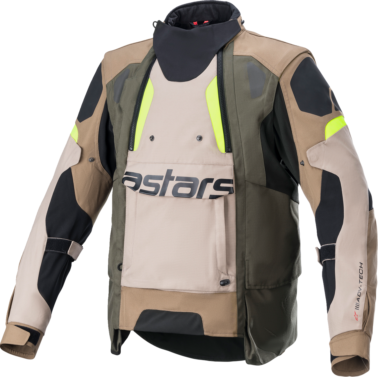 Alpinestars Halo Drystar® motorcycle jacket in black, sand, and yellow, 4XL, with visible zippers and protective features.