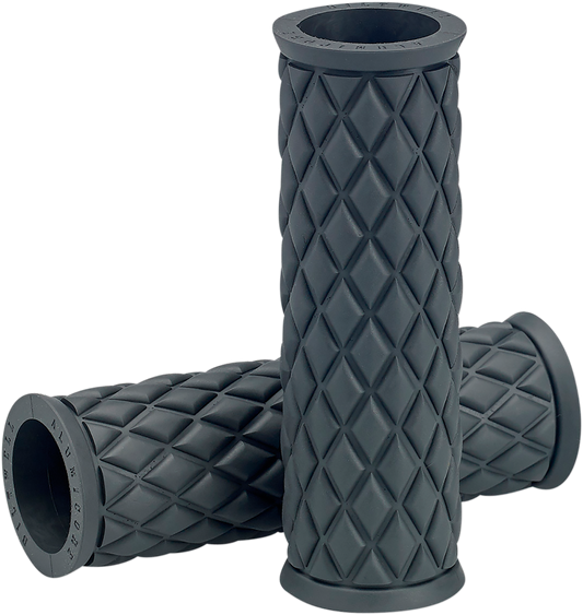 Gray Alumicore replacement grips for motorcycles, designed by Bill's Exhausts, with textured surface and ergonomic shape.