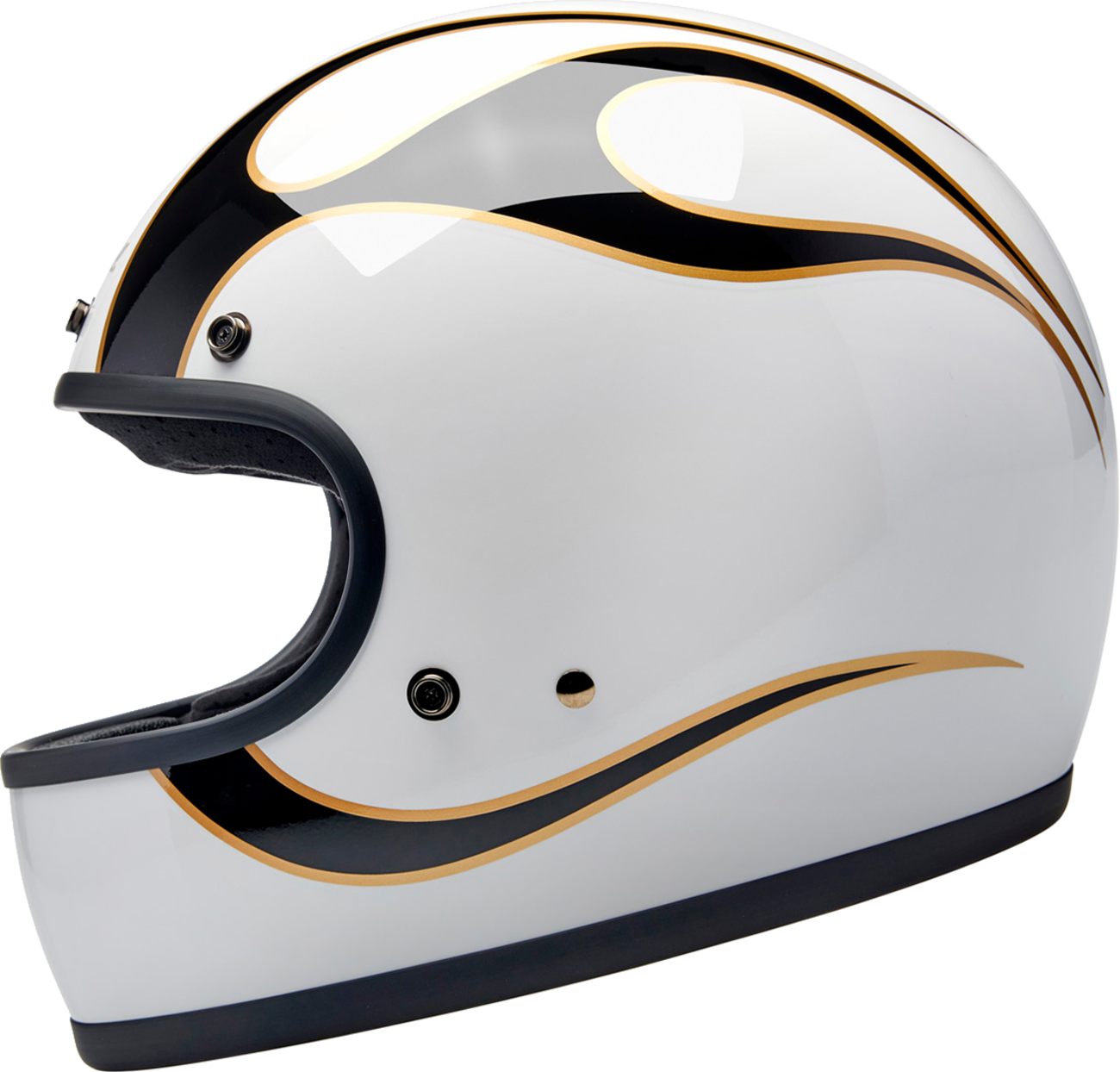 BILTWELL Gringo motorcycle helmet with flames design in white and black, size XL, featuring a sleek helmet shape and bold graphics