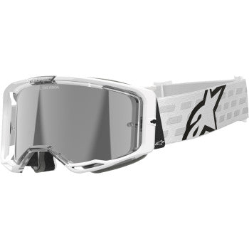 Alpinestars Vision 8 Goggle in Corp White with Silver Mirror lenses, featuring a sleek, aerodynamic design for motorcycle riding.