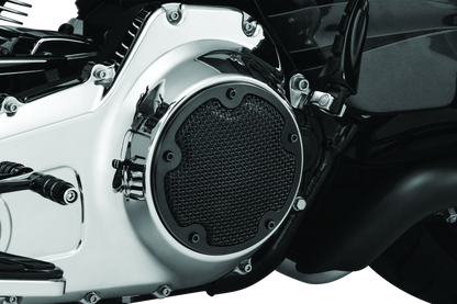 Kuryakyn Mesh Derby Cover in black for Harley-Davidson Touring models, showcasing the stylish motorcycle engine cover.