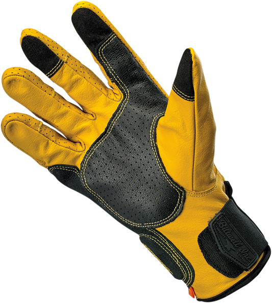 BILTWELL Borrego Gloves in Gold and Black, XS size, featuring leather construction with gold accents and protective padding.