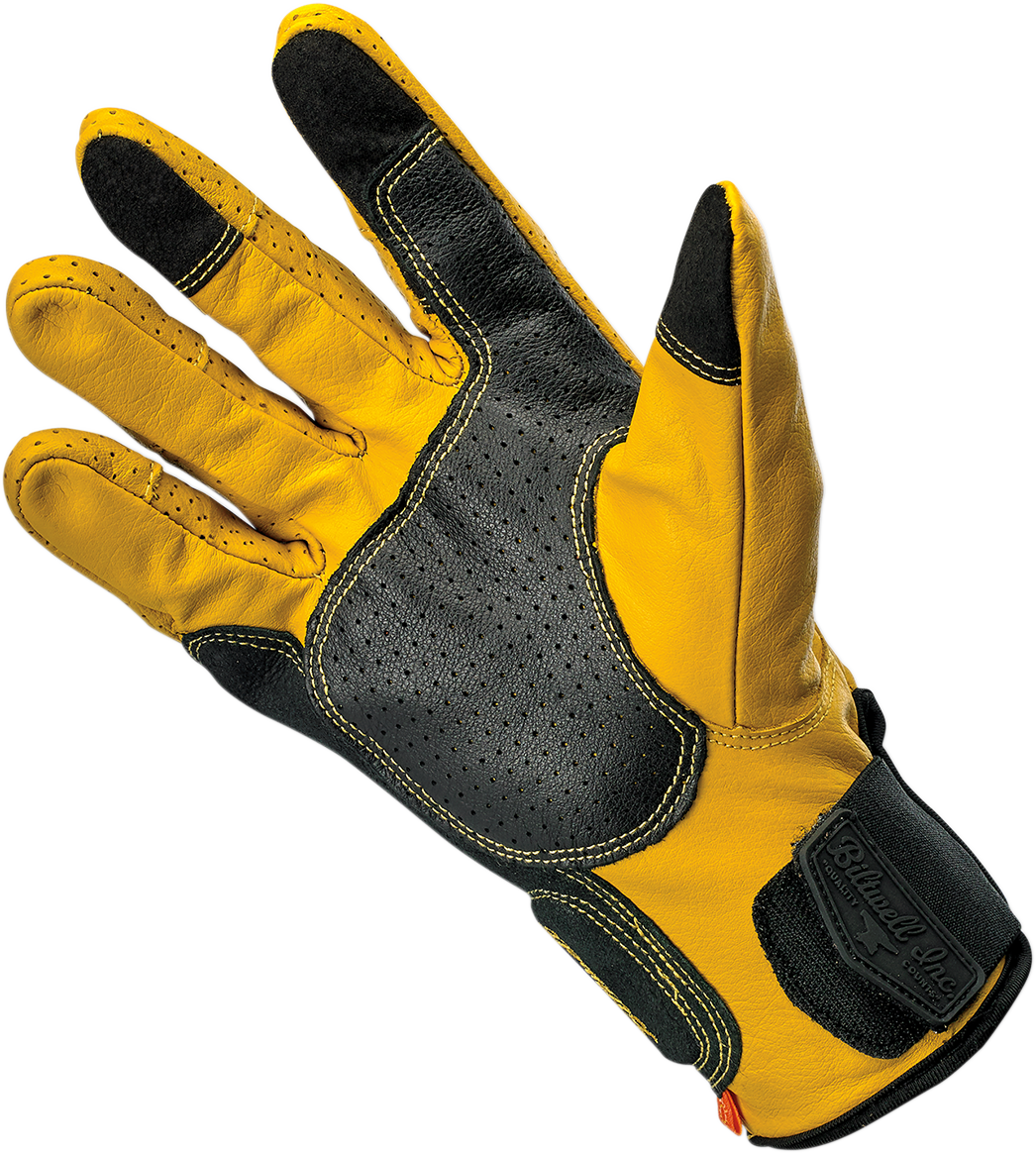Bill's Exhausts BILTWELL Borrego Gloves in gold and black, large size, showing stylish motorcycle glove design with textured details.