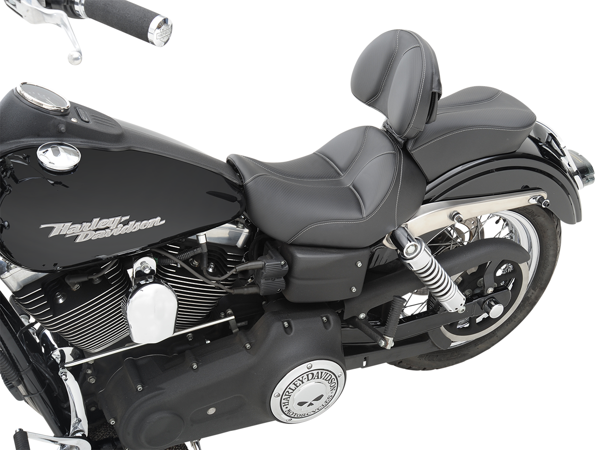 Black SADDLEMEN Dominator Solo Seat with gray stitching for FL/FX motorcycles 2006-2017, designed for comfort and style.
