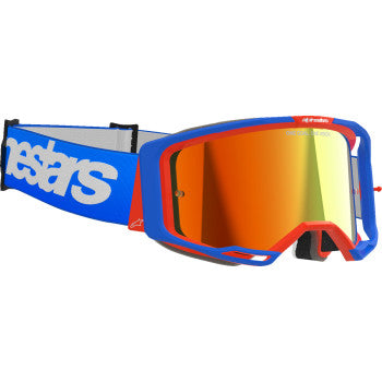 Alpinestars Vision 8 goggles with blue and orange frame, red mirror lenses, designed for motocross or racing.