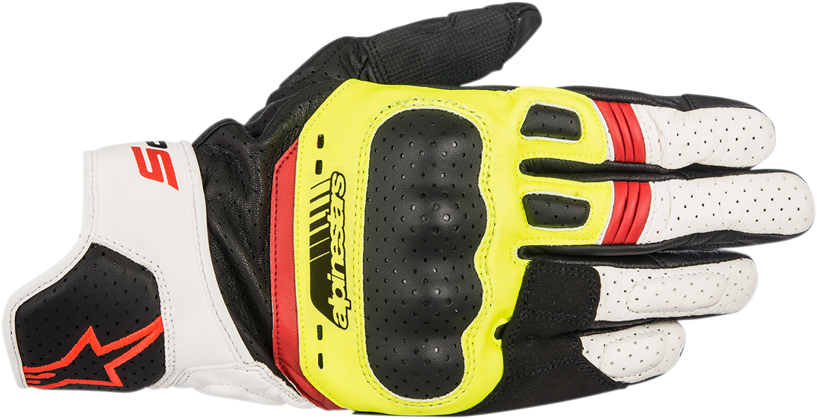 Alpinestars SP-5 motorcycle gloves in black, fluo yellow, white, and fluo red with protective features and adjustable wrist straps.