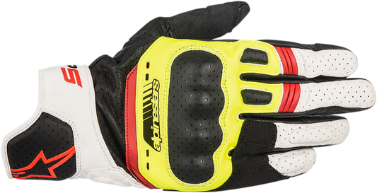 Alpinestars SP-5 motorcycle gloves in black, fluo yellow, white, and fluo red with protective features and adjustable wrist straps.