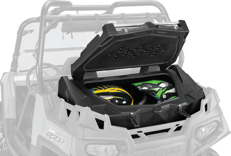 QuadBoss Expedition Series cargo box mounted on Can-Am Commander 1000 ATV, weather-resistant storage solution for outdoor adventures.