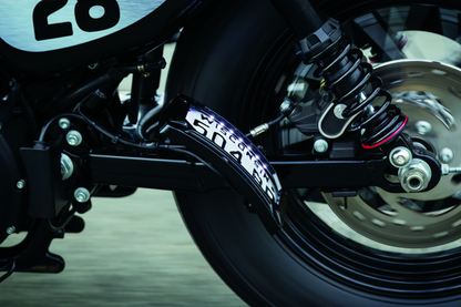 Kuryakyn Nova curved vertical mount side license plate holder in glossy black for motorcycles