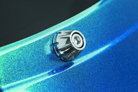 Chrome Kuryakyn windshield screws for Harley Davidson FLH models, part #5717, shown installed on a motorcycle windshield.