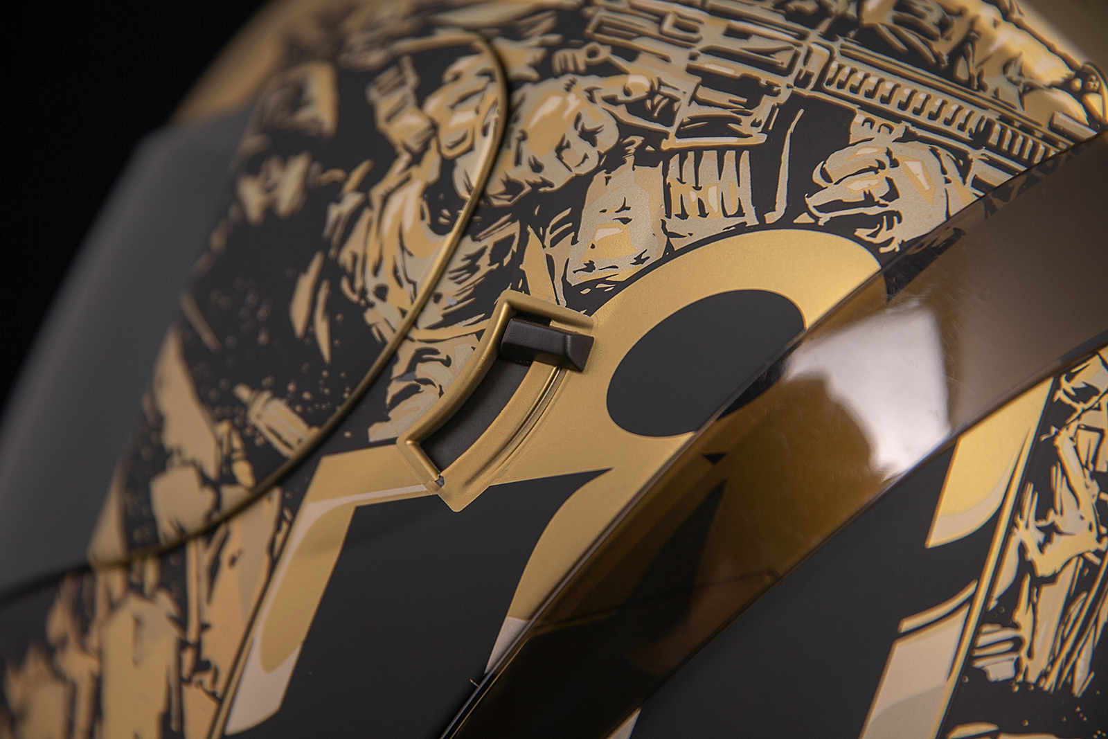 Bill's Exhausts ICON Airform Guardian helmet in gold, small size, featuring sleek helmet design with clear visor and ventilation.