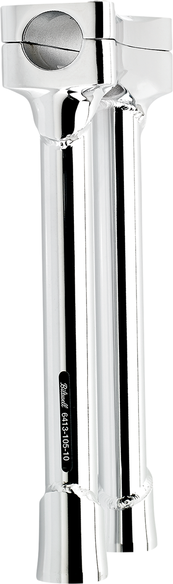 Chrome BILTWELL Risers Murdock oversized 10-inch handlebars for motorcycles, showcasing the shiny, curved design and mounting area.