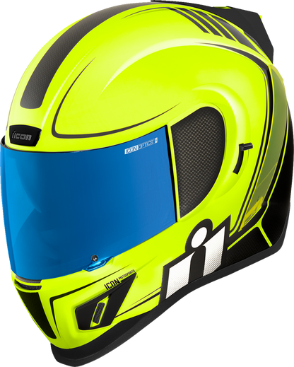 ICON Airform™ Helmet Resurgent Hi-Viz XS by Bill's Exhausts, featuring bright safety colors and aerodynamic design for motorcycle riding.