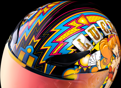 Bill's Exhausts ICON Domain™ Lucky Lid 4 helmet in red, large size, showing the helmet's sleek design and branding.