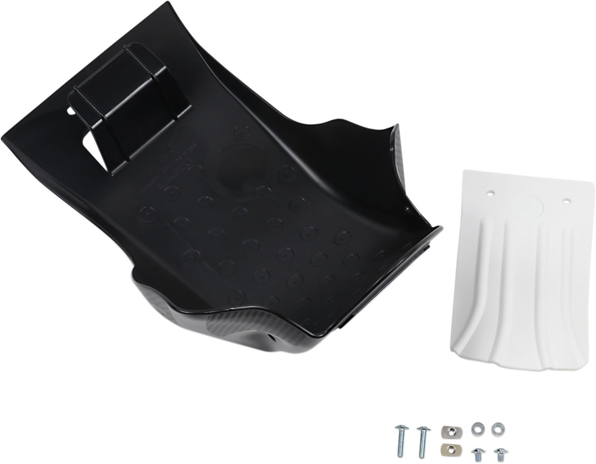 ACERBIS RM-Z 250 skid plate in black and white, designed for motorcycle body protection, with mounting brackets visible.
