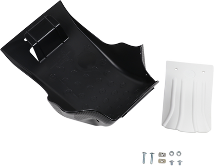 ACERBIS RM-Z 250 skid plate in black and white, designed for motorcycle body protection, with mounting brackets visible.