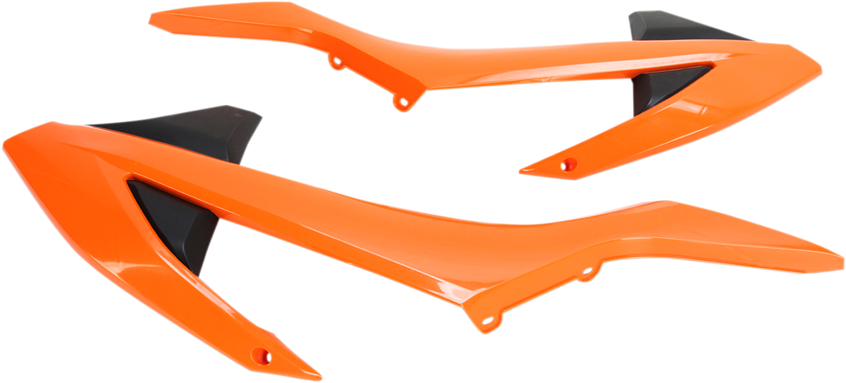 Acerbis radiator shrouds in orange and black for motorcycle, designed as a durable body part with brand-specific styling.