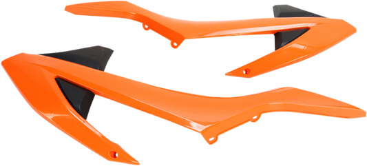 Acerbis radiator shrouds in orange and black for motorcycle, designed as a durable body part with brand-specific styling.