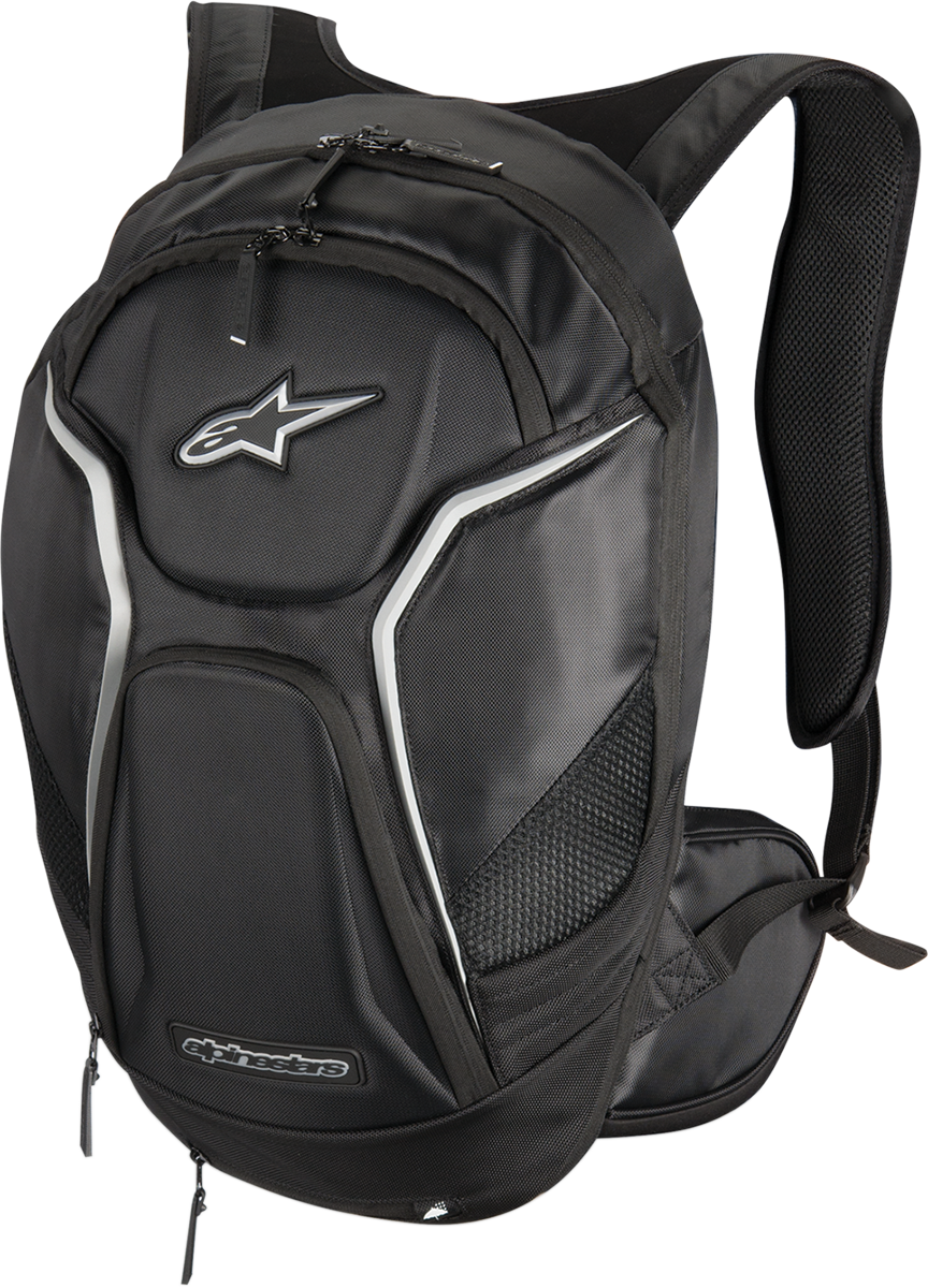 Alpinestars Tech Aero Backpack in black and gray with multiple compartments, designed for motorcycle or outdoor use.