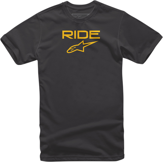 Black and yellow Alpinstars Ride 2.0 T-Shirt in large size, featuring bold branding and a comfortable fit.