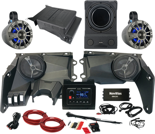 Bill's Exhausts NAVATLAS Zone 5 X3 X35ZONE5 speakers from the Audio Kit, showing sleek black speaker units with branding details.