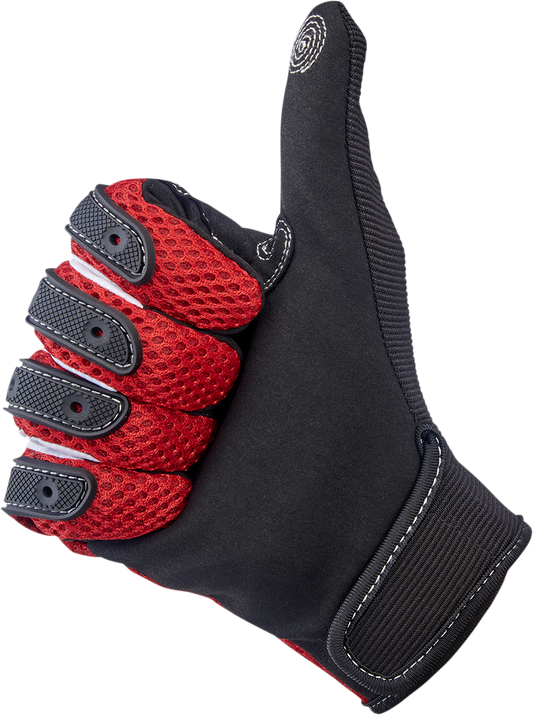 Red BILTWELL Anza gloves in medium size, featuring leather construction and detailed stitching, designed for motorcycle riding.