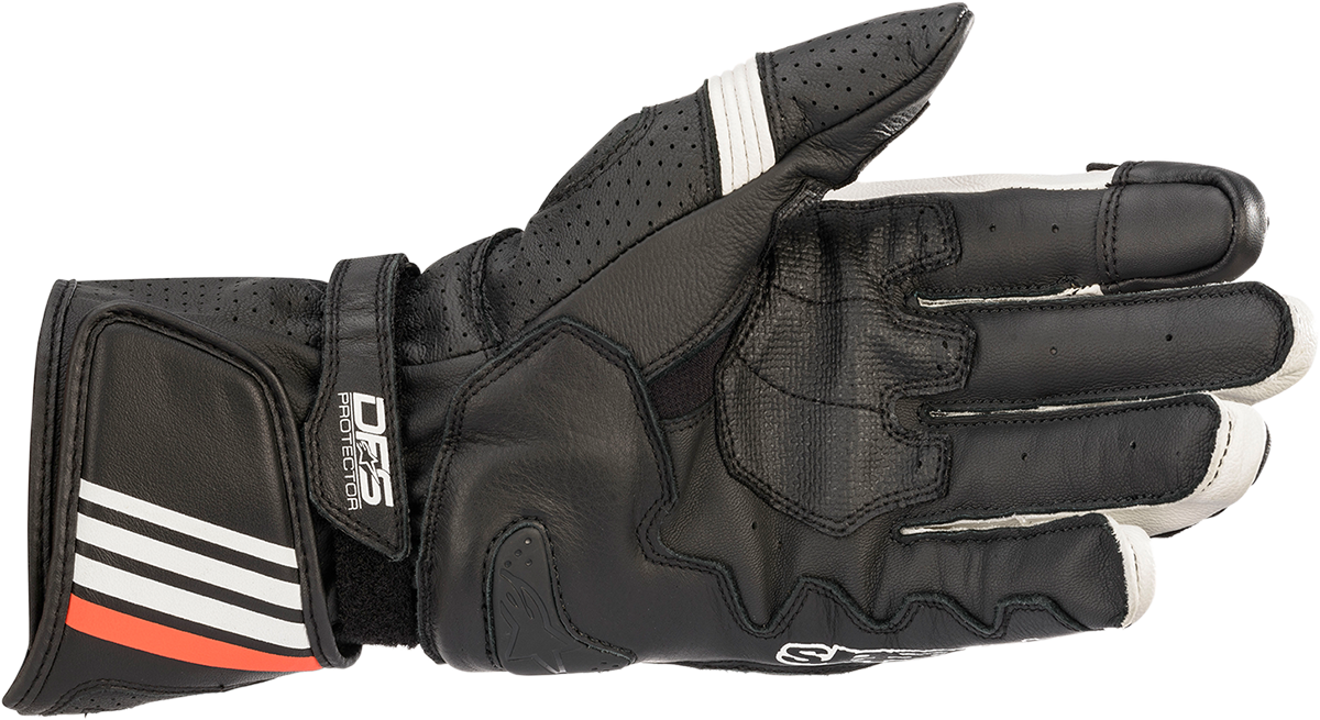 Alpinestars GP Plus R v2 motorcycle gloves in black and white, small size, featuring protective armor and flexible design.
