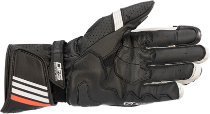 Alpinestars GP Plus R v2 motorcycle gloves in black and white, small size, featuring protective armor and flexible design.