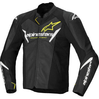 Alpinestars Faster v3 Airflow leather motorcycle jacket in black, white, and yellow fluo with protective padding, US 50 / EU 60.
