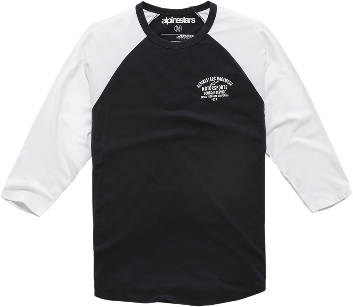 Alpinestars Raglan T-Shirt in black and white, 2XL, featuring Alpinestars branding and casual fit for motorcycle enthusiasts.