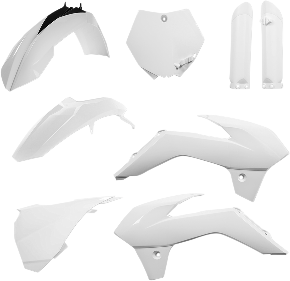 A white Acerbis full replacement body kit for motorcycles, featuring streamlined panels and durable construction.