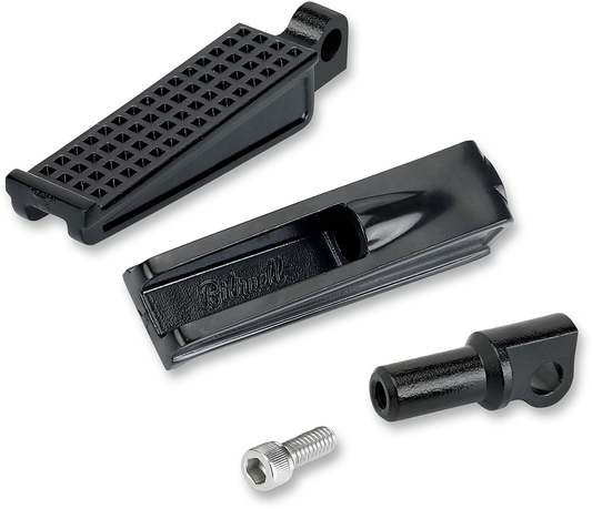 Black BILTWELL Sanderson footpegs for motorcycles, body-mounted with durable 7001-201-01 aluminum construction, by Bill's Exhausts.