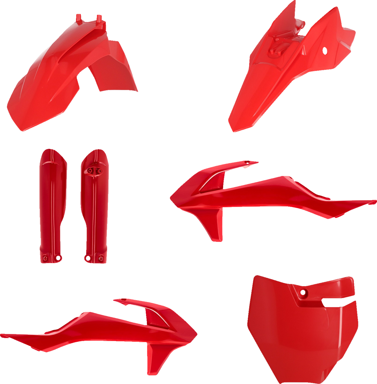A red ACERBIS full replacement body kit for motorcycles, shown on a clean background with various body panels and components.