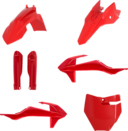 A red ACERBIS full replacement body kit for motorcycles, shown on a clean background with various body panels and components.