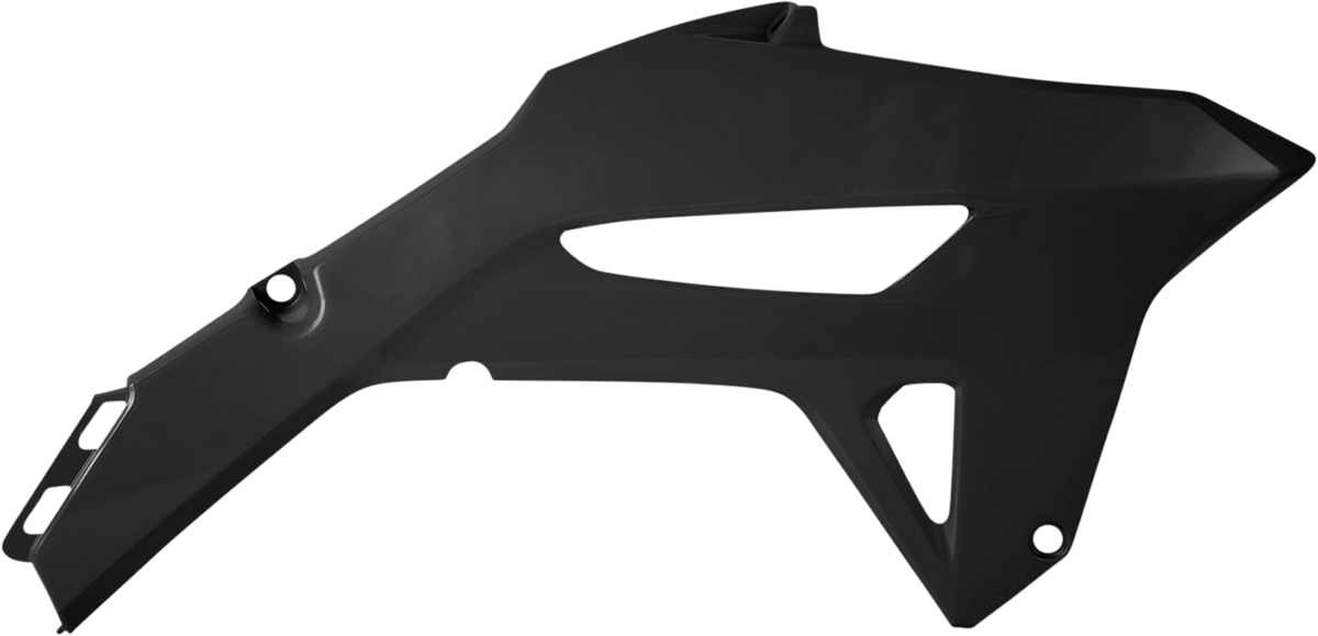Black ACERBIS radiator shroud for motorcycle body customization, designed for optimal airflow and stylish appearance.
