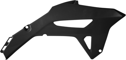 Black ACERBIS radiator shroud for motorcycle body customization, designed for optimal airflow and stylish appearance.