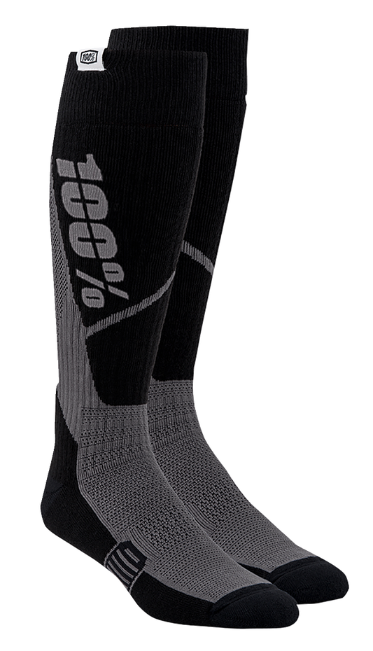 Black 100% Torque Comfort Moto Socks by Bill's Exhausts, small/medium size, featuring cushioning and breathable fabric for riding comfort.