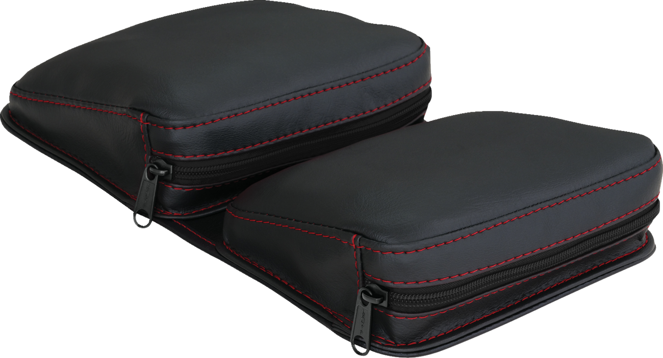 Bill's Exhausts SHOW CHROME Kaliber Dash Pouch in black with red stitching, designed for engine accessories.