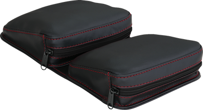 Bill's Exhausts SHOW CHROME Kaliber Dash Pouch in black with red stitching, designed for engine accessories.