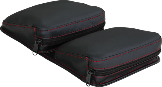 Bill's Exhausts SHOW CHROME Kaliber Dash Pouch in black with red stitching, designed for engine accessories.