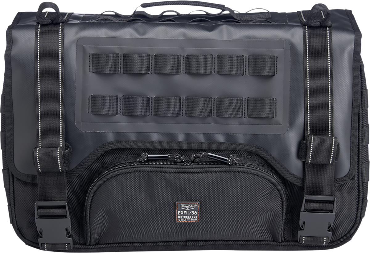 Black Biltwell Exfil-36 saddlebags by Bill's Exhausts mounted on a motorcycle, showcasing durable leather and sleek design.