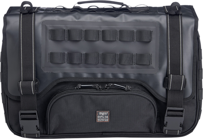 Black Biltwell Exfil-36 saddlebags by Bill's Exhausts mounted on a motorcycle, showcasing durable leather and sleek design.
