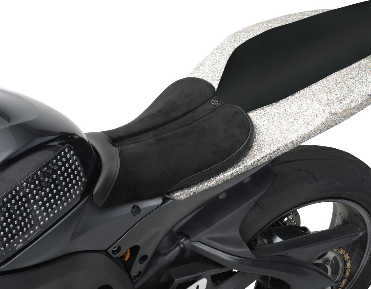 Black SADDLEMEN Gel Channel Sport Seat for GSXR 600/750 motorcycle, designed for comfort and sport riding.