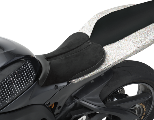 Black SADDLEMEN Gel Channel Sport Seat for GSXR 600/750 motorcycle, designed for comfort and sport riding.
