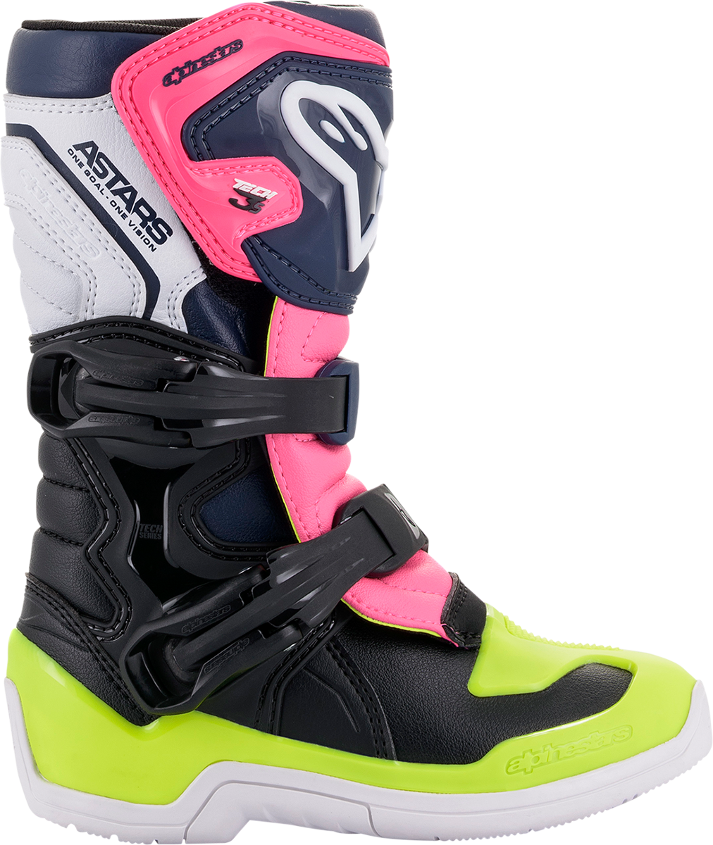Alpinestars Tech 3S motorcycle boots in black, blue, and pink with sturdy design and protective features for US size 12.