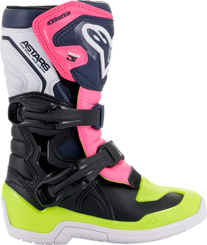 Alpinestars Tech 3S motorcycle boots in black, blue, and pink with sturdy design and protective features for US size 12.