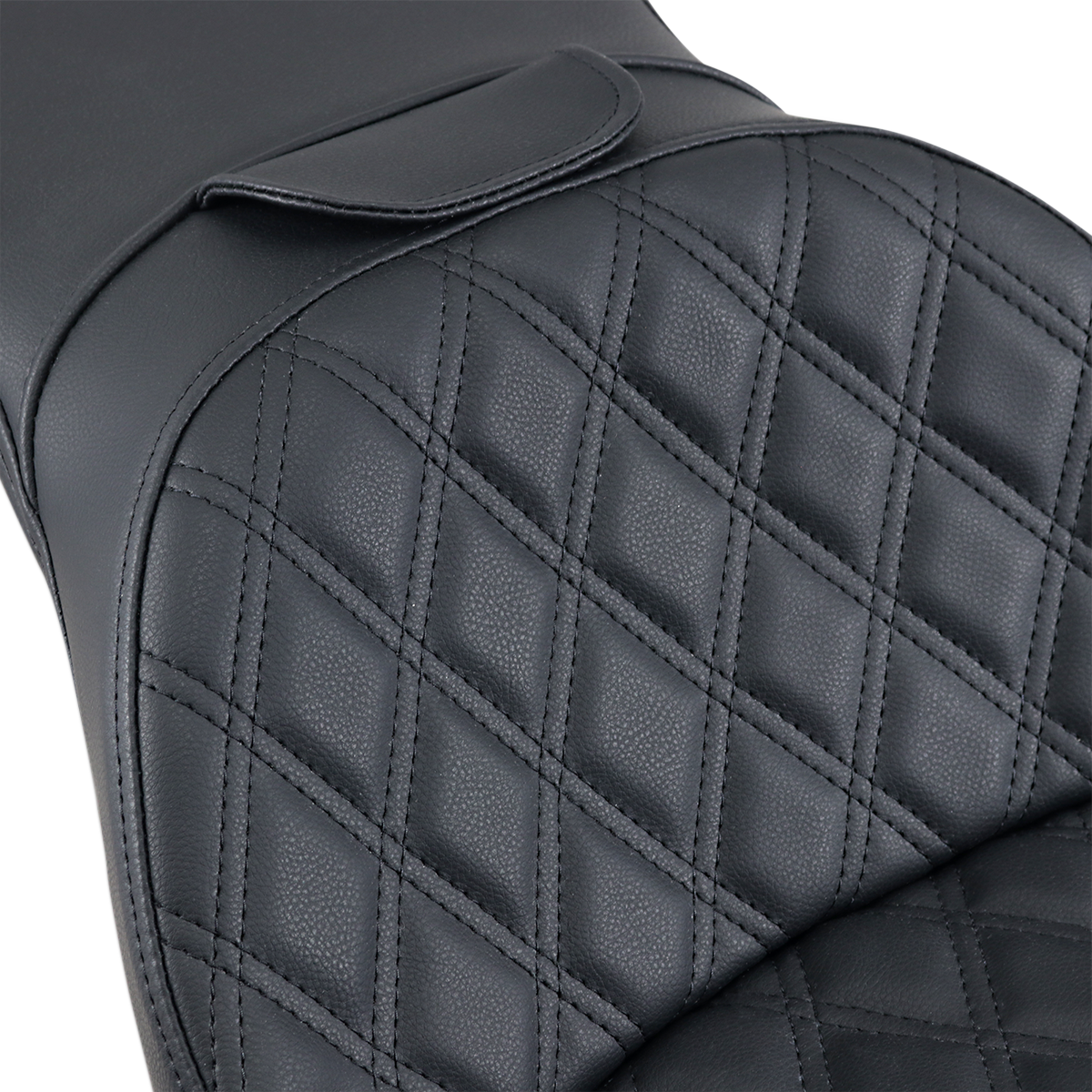 Black Saddlemen Explorer motorcycle seat with backrest, lattice stitching, designed for FXST models.