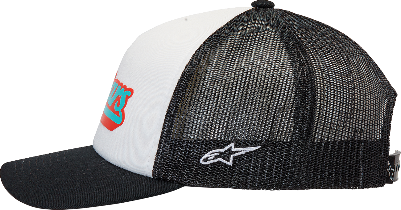 Bill's Exhausts Alpinstars Delivery Trucker Hat in white and black, one size, with front logo and mesh back design.