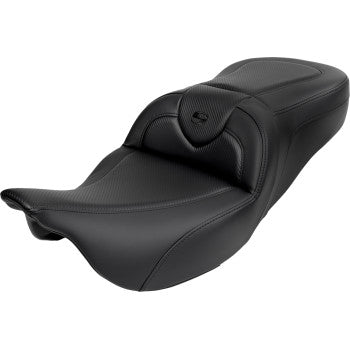 Bill's Exhausts SADDLEMEN Roadsofa™ motorcycle seat with backrest, black carbon fiber finish and black stitching for FL models 2008-2019.